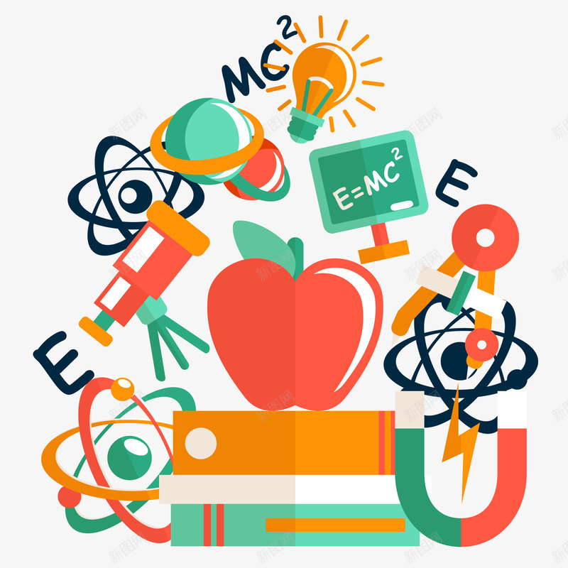 物理学背景png免抠素材_新图网 https://ixintu.com 望远镜 电灯 电脑 磁铁 苹果