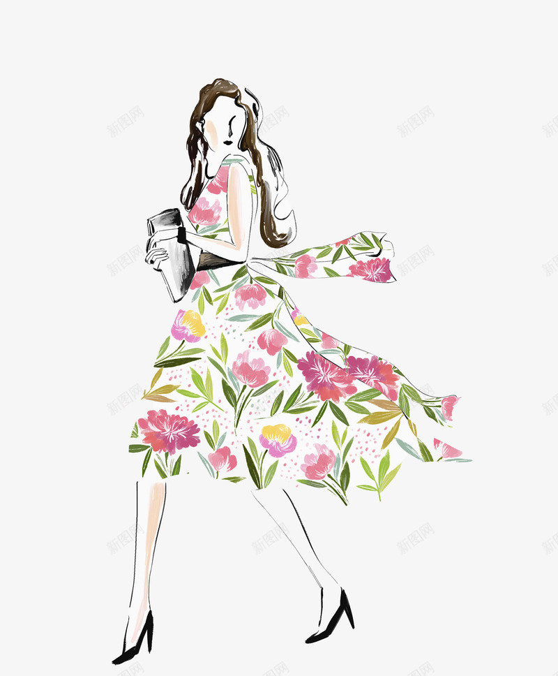 时尚大花色连衣裙女孩png免抠素材_新图网 https://ixintu.com 手绘平面 时尚女郎 时尚服饰 水彩画 瘦高 碎花裙子 衣服服装 都市女孩 长发女孩