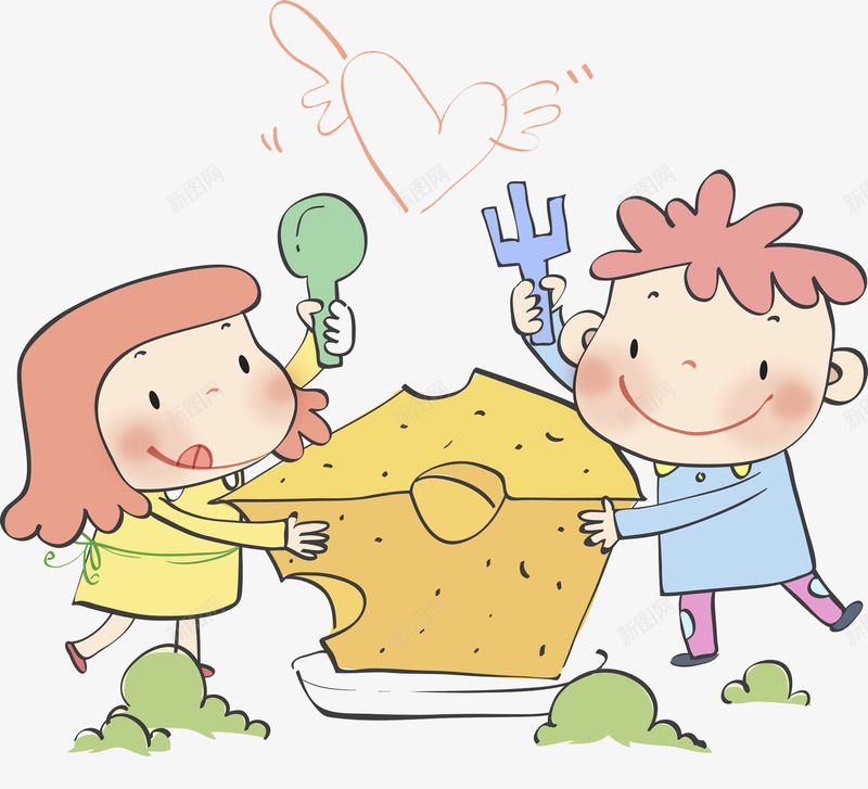 分享中的芝士png免抠素材_新图网 https://ixintu.com 勺子 卡通 叉子 女孩 手拿叉子 男孩 盘子 翅膀爱心 芝士