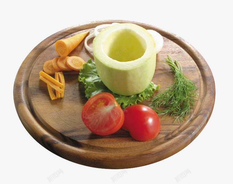 切开的蔬菜和砧板png免抠素材_新图网 https://ixintu.com png png素材 产品实物 切菜板 圆形案板 蔬菜