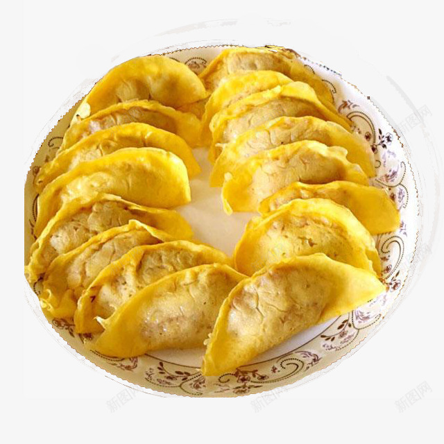 黄金饺子png免抠素材_新图网 https://ixintu.com 中华美食 传统美食 煎饺 盘子 美食 蛋饺 饺子