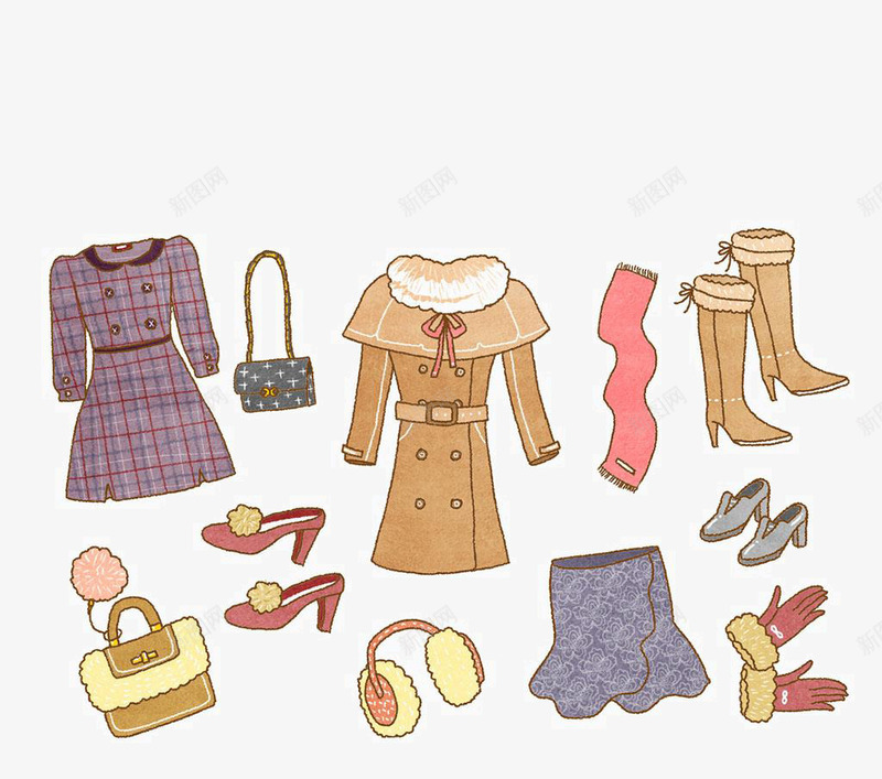 彩绘女性服装配饰png免抠素材_新图网 https://ixintu.com 大衣 女鞋 彩绘 裙子