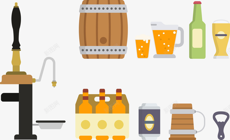 啤酒工具用品png免抠素材_新图网 https://ixintu.com 啤酒 啤酒罐 开瓶器 木桶 酒杯 酒瓶 酒盖 饮料