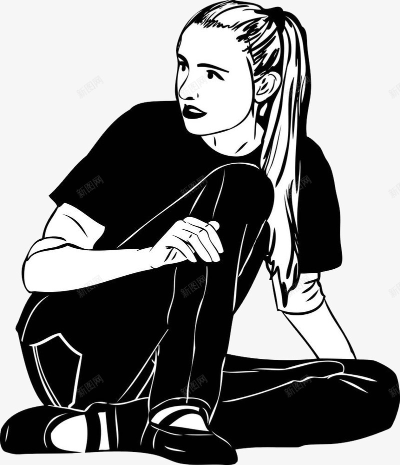 运动风格黑白女性肖像图标png_新图网 https://ixintu.com T恤 人像 卡通 女人 女人肖像 女性 平面 手绘 运动风 马尾辫 黑白人像