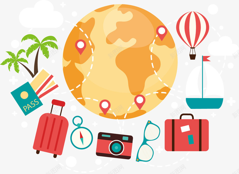 手绘扁平旅游元素png免抠素材_新图网 https://ixintu.com 地球 扁平 手绘 旅游 旅游元素