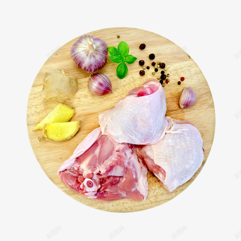 营养鸡肉png免抠素材_新图网 https://ixintu.com 姜 实物 木板 生食 胡椒 营养鸡肉 蒜头 蔬菜 调味品 鸡肉 鸡脯肉