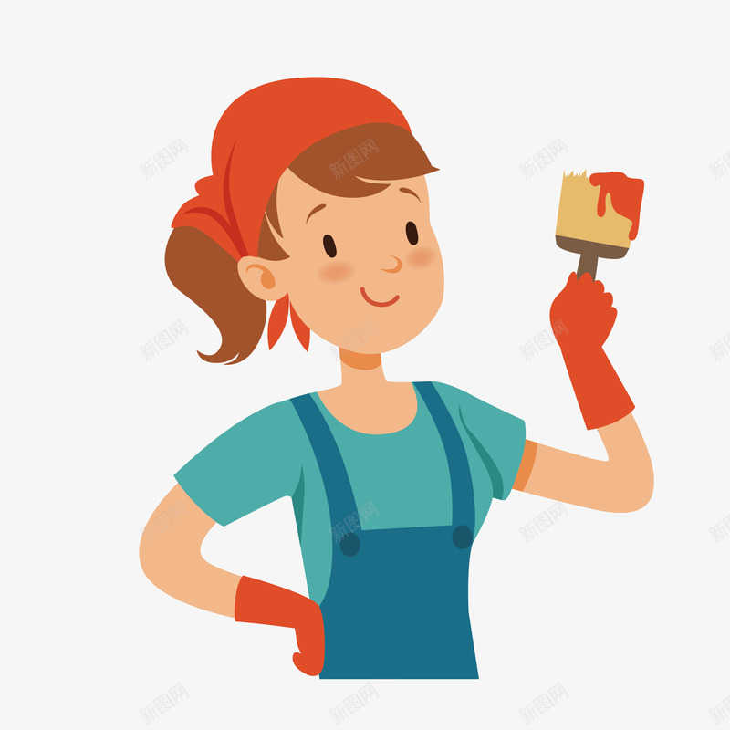 卡通版的刷漆工人png免抠素材_新图网 https://ixintu.com 人物 刷子 刷漆 卡通人物 头巾 女人 女性 工人 手套