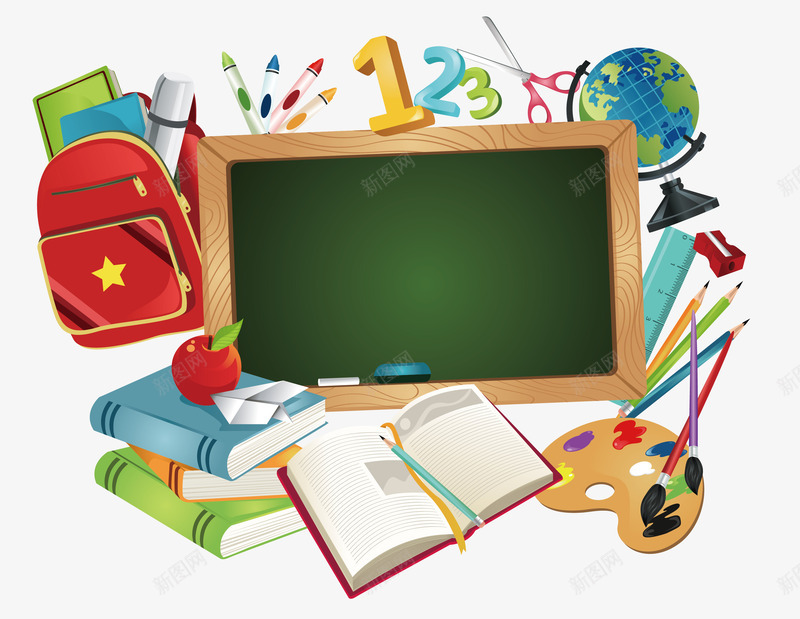 开学季学习用品元素png免抠素材_新图网 https://ixintu.com 书包 地球仪 学习用品 开学季 报子 数字 画板 画笔 直尺 矢量元素 铅笔 黑板