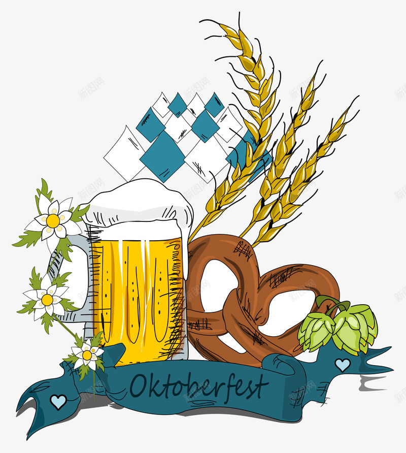 粮食酿造酒标签png免抠素材_新图网 https://ixintu.com 啤酒 啤酒杯 大麦 粮食 花朵 酿造