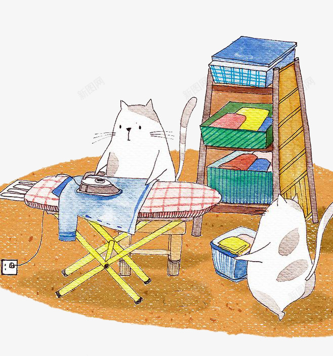 卡通猫咪png免抠素材_新图网 https://ixintu.com 做家务 卡通 手绘 水彩 熨衣服 白色猫咪 装饰