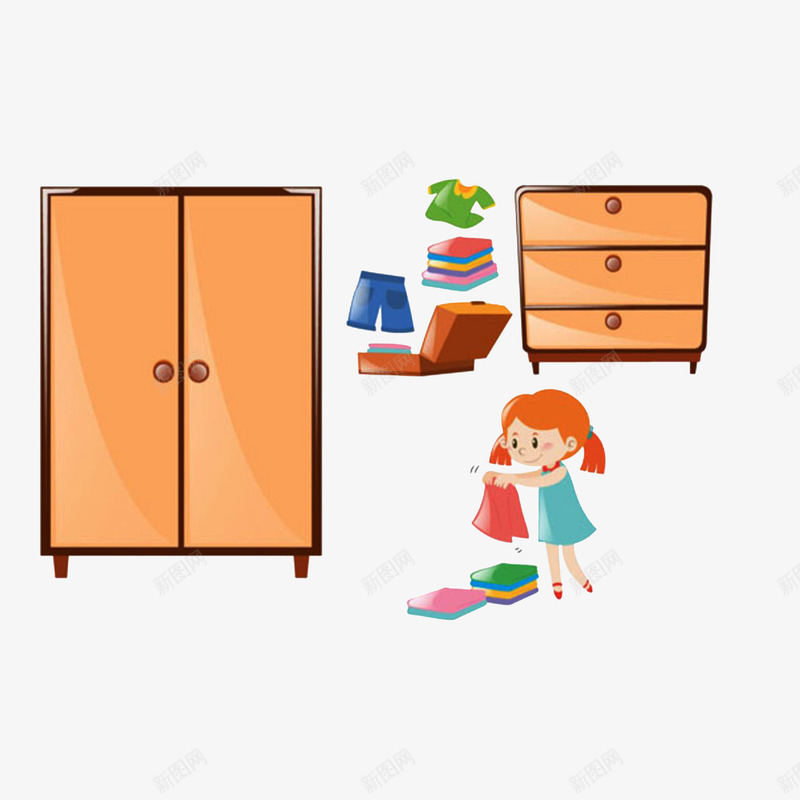小女孩叠衣服psd免抠素材_新图网 https://ixintu.com 孩子做家务 小女孩叠衣服 插画 箱子 衣柜