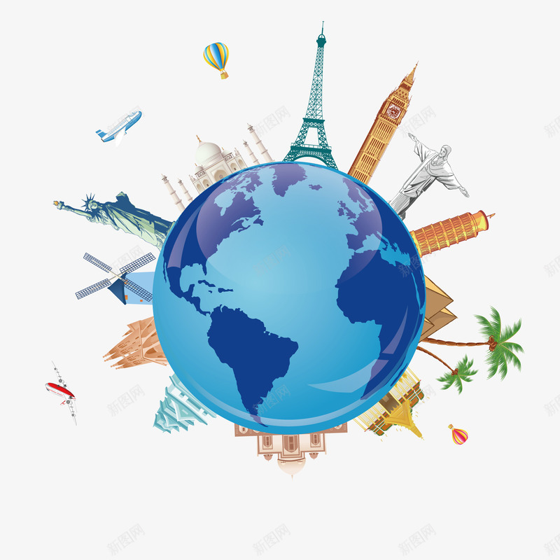 环球旅游矢量图ai免抠素材_新图网 https://ixintu.com 地标 地球 建筑 旅游 环球 矢量图