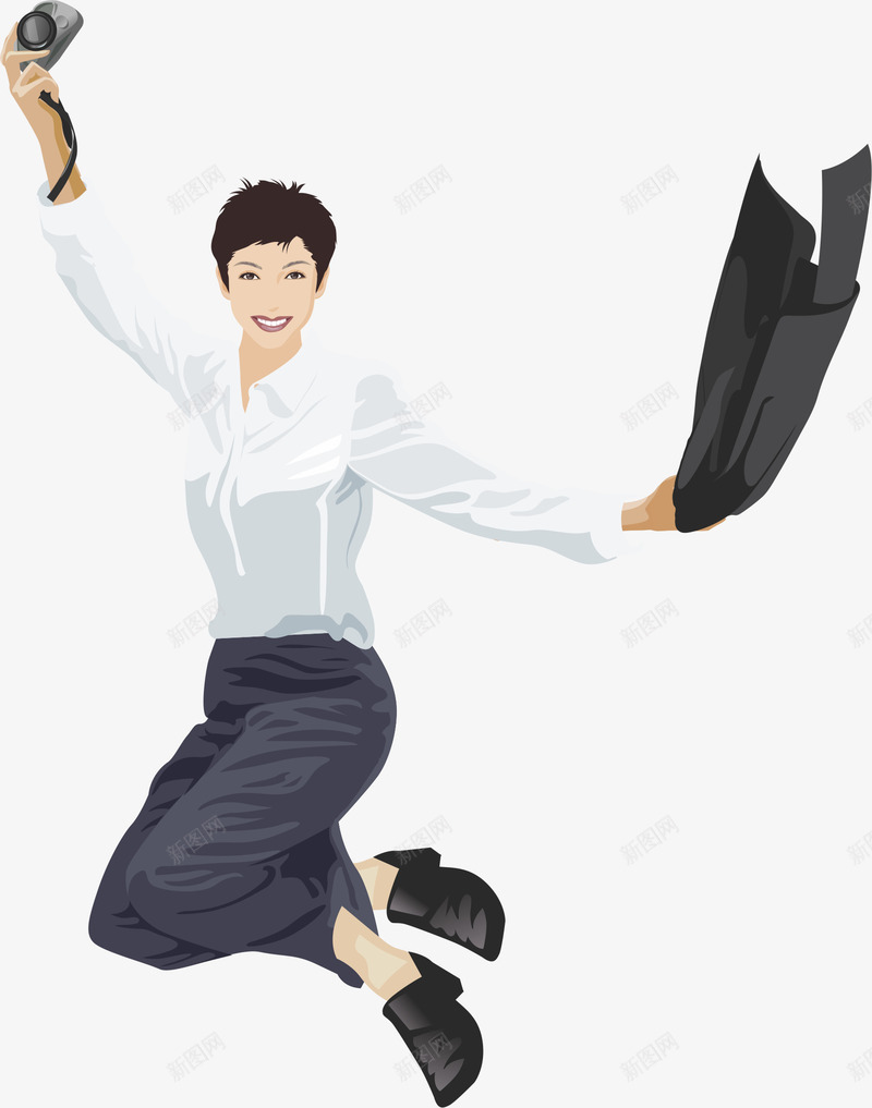 高兴欢呼的职业女性矢量图ai免抠素材_新图网 https://ixintu.com 手绘 拍照 职业装 跳跃 高兴的人 矢量图