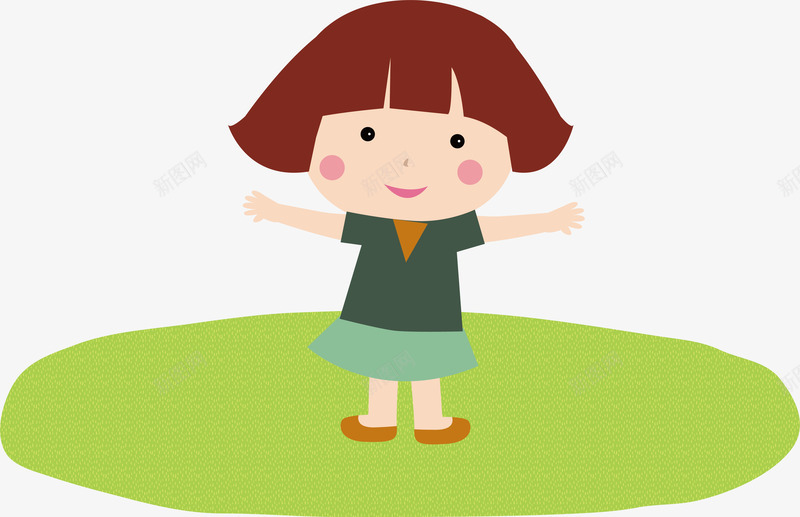 手绘卡通人物绿色衣服女孩矢量图ai免抠素材_新图网 https://ixintu.com 人物 动作 卡通 可爱儿童 小女孩 小男孩 手绘 绿色衣服女孩 草坪 设计 矢量图