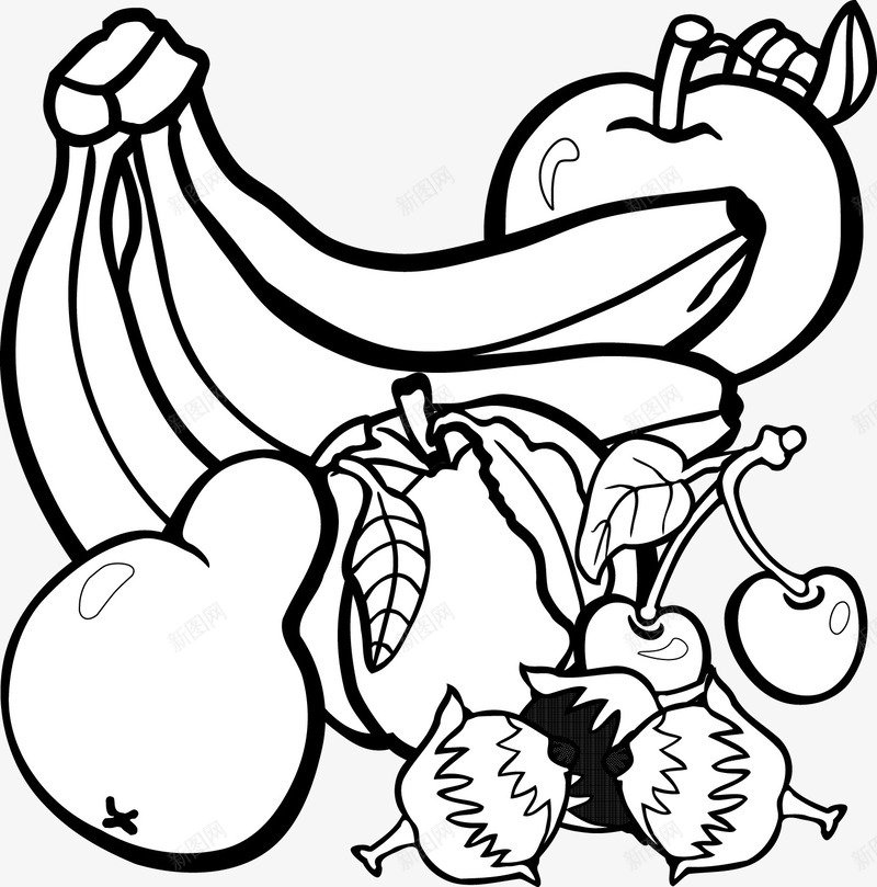 水果矢量图图标ai_新图网 https://ixintu.com 免费矢量下载 手绘 插画 樱桃 水果 矢量图 食物 香蕉 黑白香蕉
