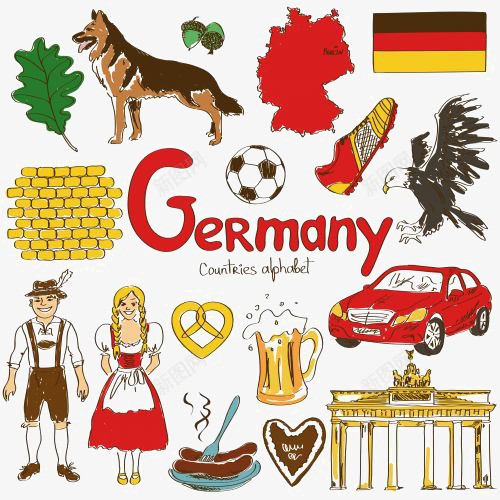 德国文化png免抠素材_新图网 https://ixintu.com Germany 卡通 啤酒 德国民族风 手绘 汽车 牧羊犬 足球