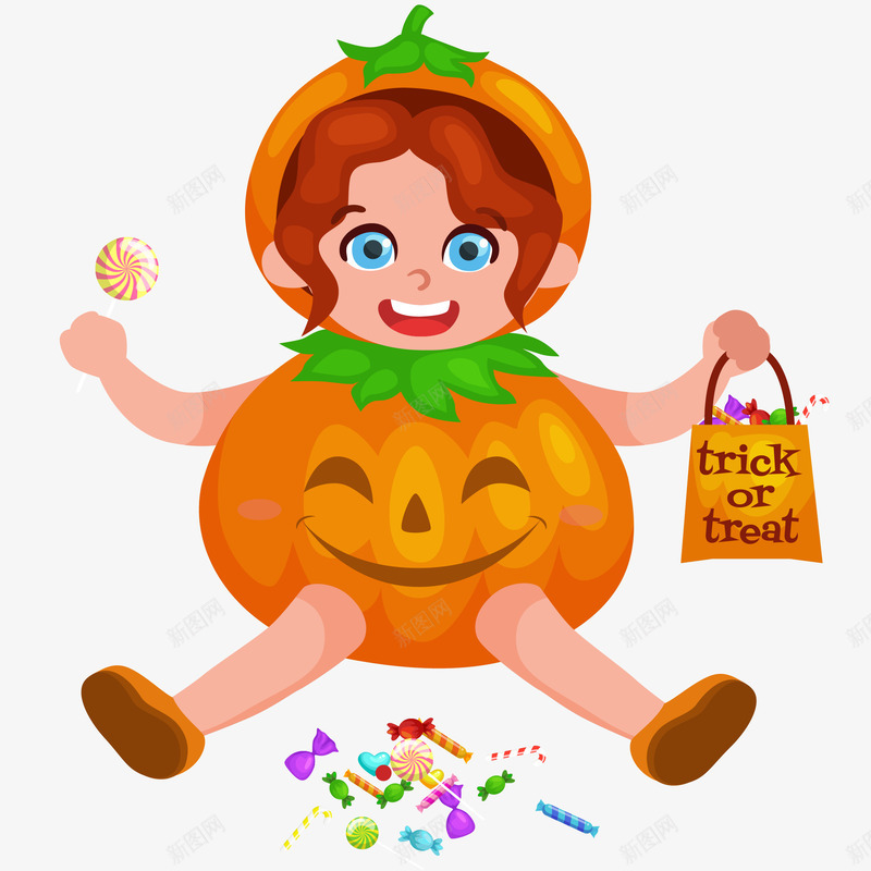 空心南瓜灯装扮插画矢量图ai免抠素材_新图网 https://ixintu.com 万圣节 免抠PNG 南瓜灯 孩子 空心南瓜灯装扮矢量插画 糖果 节日 矢量图