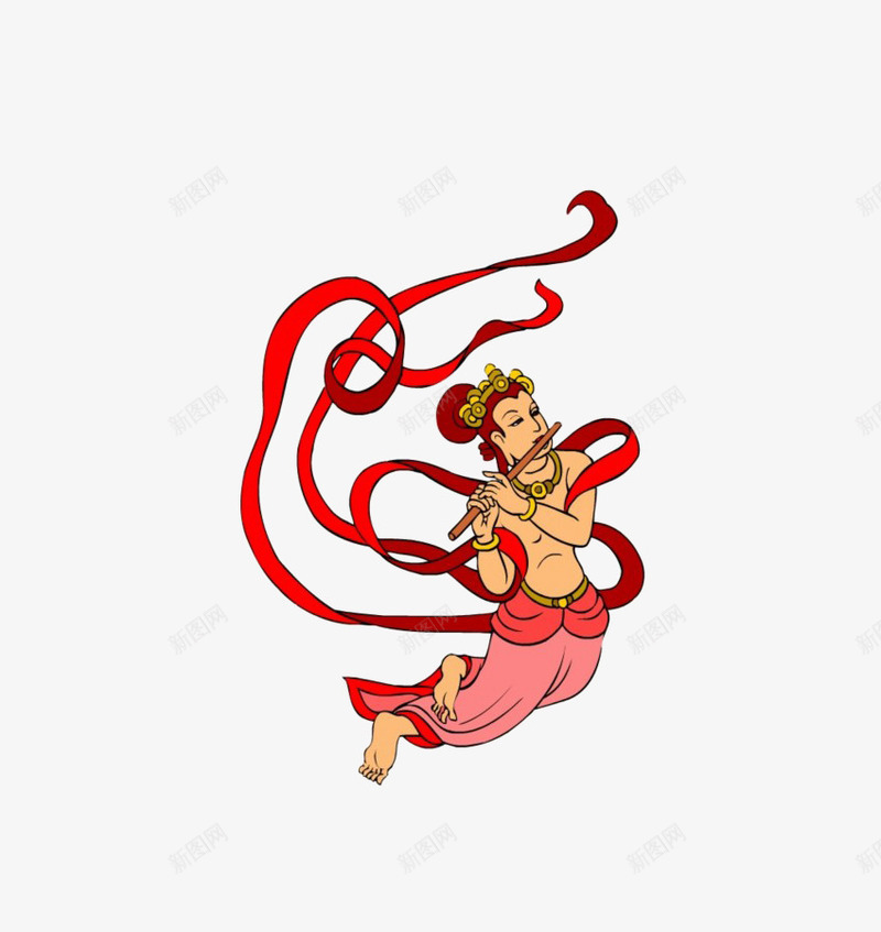 吹笛子的飞天舞女png免抠素材_新图网 https://ixintu.com 乐器 卡通 笛子 红色 衣服 飘带 飞天舞女 黄色