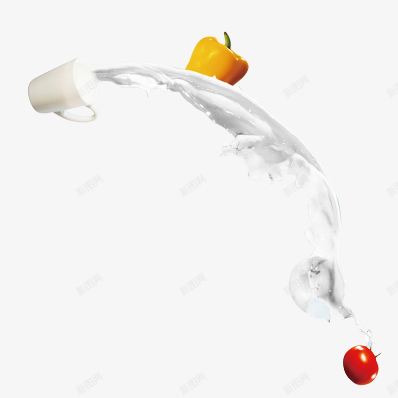 牛奶杯和蔬菜png免抠素材_新图网 https://ixintu.com 倒出来的牛奶 牛奶 白色杯子 西红柿 黄色辣椒
