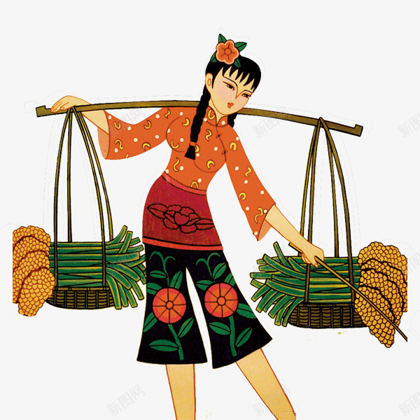 挑担子图案png免抠素材_新图网 https://ixintu.com 传统女性图 农家女 农民 劳动图 小米 担子 挑担子图 挑粮食 设计