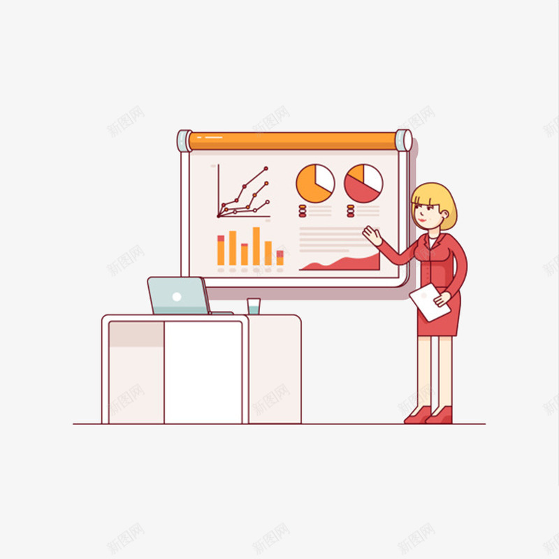 扁平风商务演示女人图png免抠素材_新图网 https://ixintu.com 上班族 创意的 卡通 商务 女人 展示图 插图 数据分析 电脑 白领 职场女性