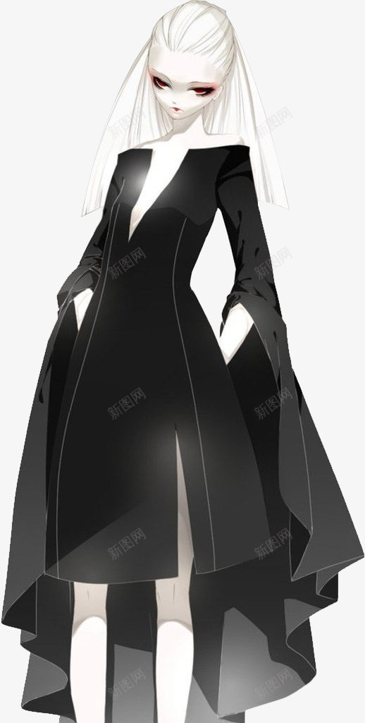 黑衣服把头发霸气红眼白发少女png免抠素材_新图网 https://ixintu.com 头发 少女 白发 红眼 衣服