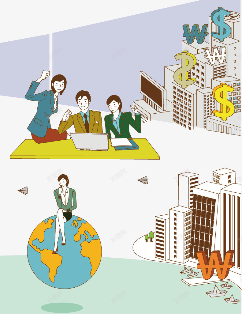 商务卡通png免抠素材_新图网 https://ixintu.com 卡通 商务人士 商务插图 商务插画 商务背景素材 团队合作 地球 彩色 手绘 美元符号