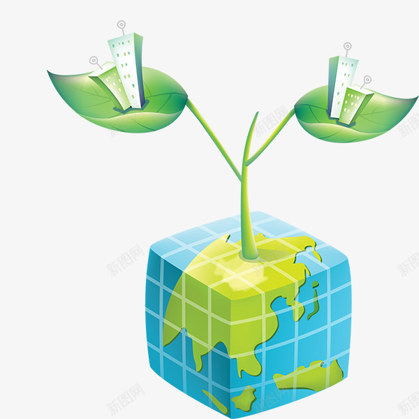 发芽的地球png免抠素材_新图网 https://ixintu.com 创意 卡通 地球 嫩芽 手绘 方形 简图 绿色 蓝色