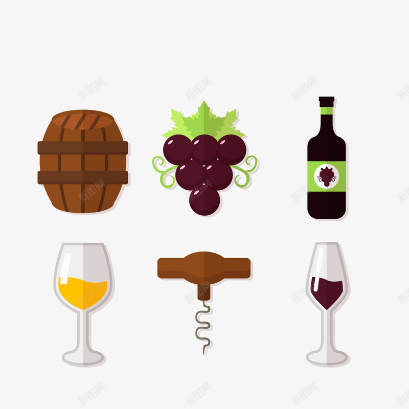 扁平化葡萄酒元素图标png_新图网 https://ixintu.com 卡通 开酒器 木桶 红酒瓶 葡萄酒 酒杯