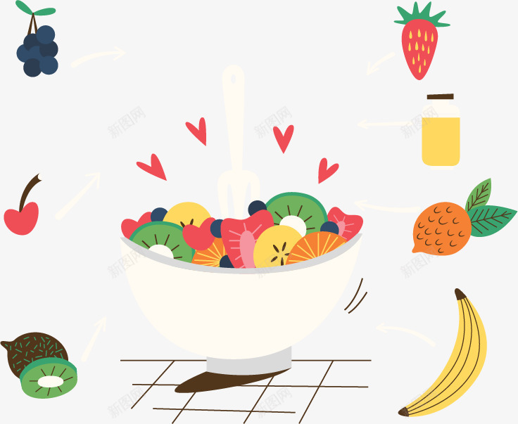 卡通美味水果沙拉png免抠素材_新图网 https://ixintu.com 健康食物 卡通 奇异果 扁平 提子 樱桃 水果 沙拉 草莓