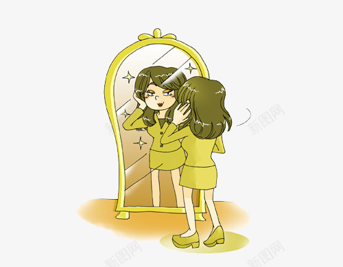卡通照镜子png免抠素材_新图网 https://ixintu.com 卡通美女照镜子 女性生活用品 爱美的女人 立体镜子