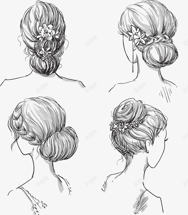 手绘女性四种唯美发型矢量图eps免抠素材_新图网 https://ixintu.com 女性发型 手绘 素描 矢量图