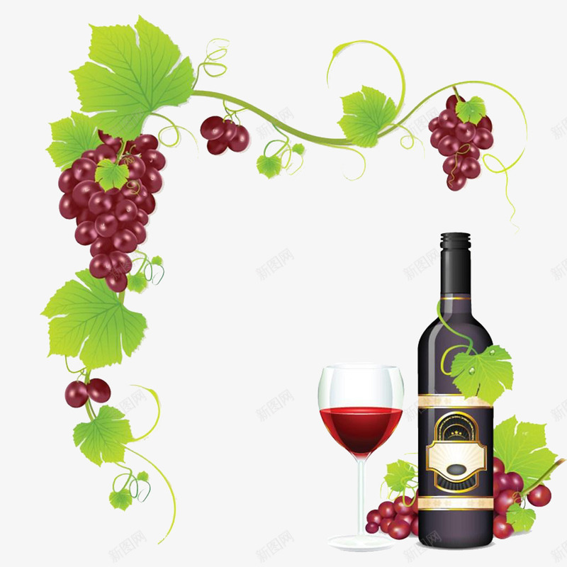 葡萄和红酒png免抠素材_新图网 https://ixintu.com 免费 红酒 葡萄 装饰 边框