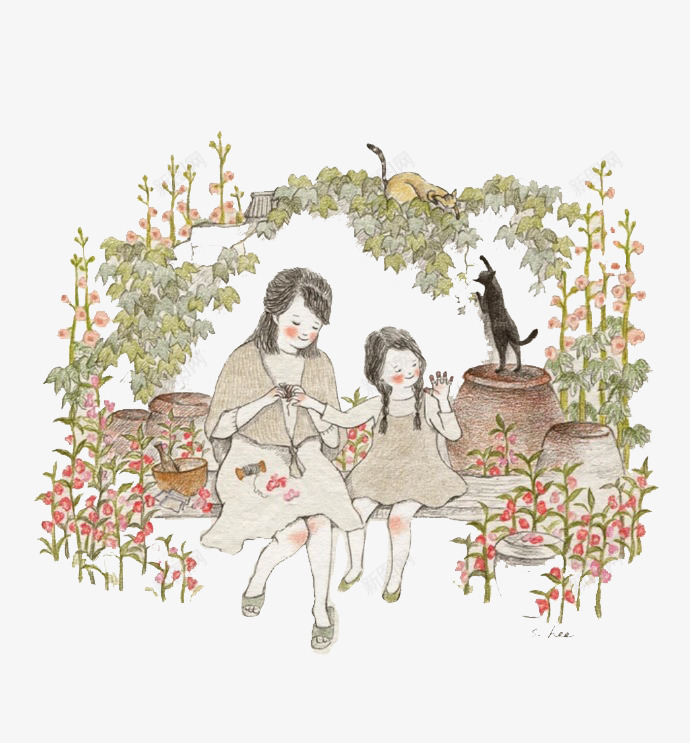 葡萄架下的母女png免抠素材_新图网 https://ixintu.com 安逸 小猫 母女 葡萄架 轻松