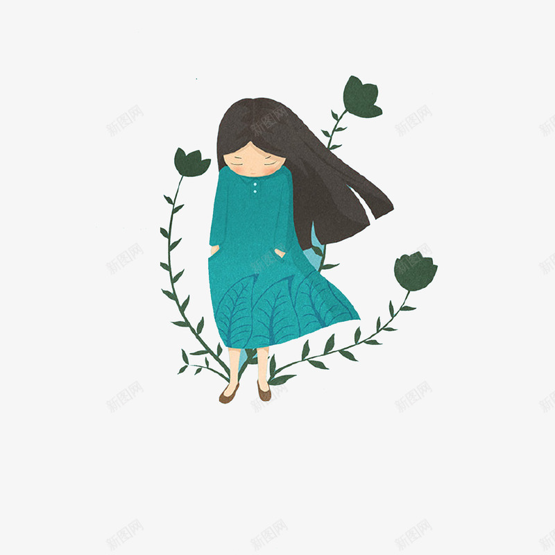 蓝衣服女孩png免抠素材_新图网 https://ixintu.com 唯美 女孩 文艺 枝条