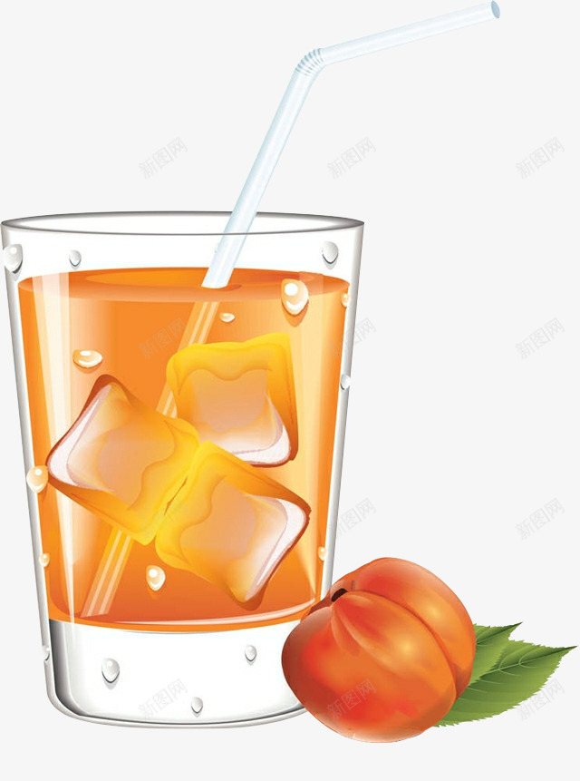 手绘水蜜桃果汁png免抠素材_新图网 https://ixintu.com 冰块 吸管 果汁 橙色 水蜜桃 水蜜桃果汁 玻璃杯