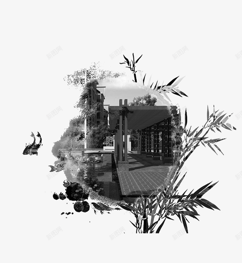 地产中国风水墨庭院psd免抠素材_新图网 https://ixintu.com 传统 古典 地产中国风水墨庭院 墨迹 海报 竹子 竹林 鲤鱼