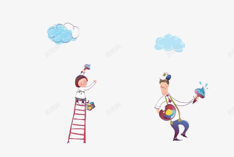 刷墙的小人png免抠素材_新图网 https://ixintu.com 云 人 儿童 刷墙 卡通 梯子
