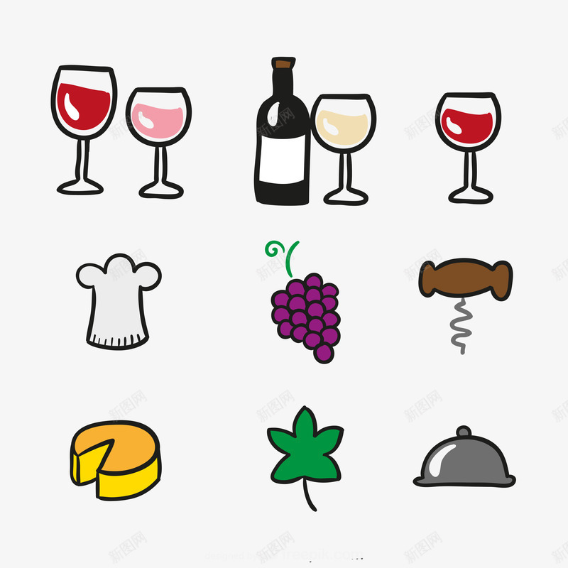 简笔画葡萄酒元素图标矢量图ai_新图网 https://ixintu.com 木塞 葡萄 葡萄酒 起司 酒杯 矢量图