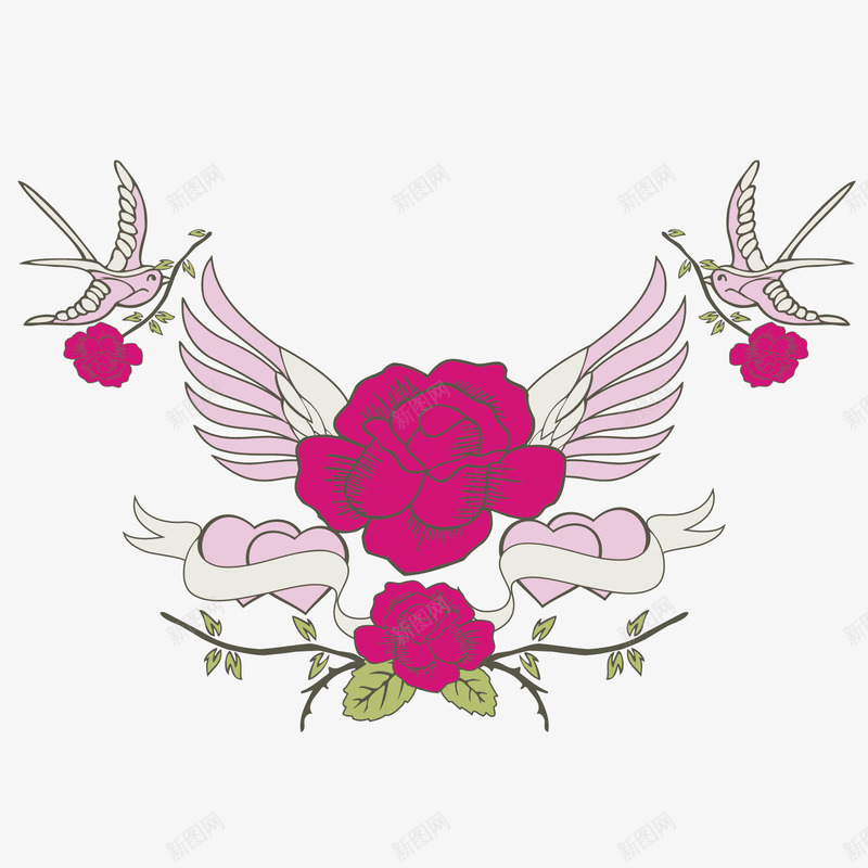 带翅膀的玫瑰花矢量图ai免抠素材_新图网 https://ixintu.com 玫瑰花 绿叶 翅膀 鸽子 矢量图