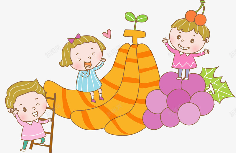 卡通水果上的孩子图png免抠素材_新图网 https://ixintu.com 儿童 卡通 可爱的 孩子 梯子 玩耍的 葡萄 香蕉