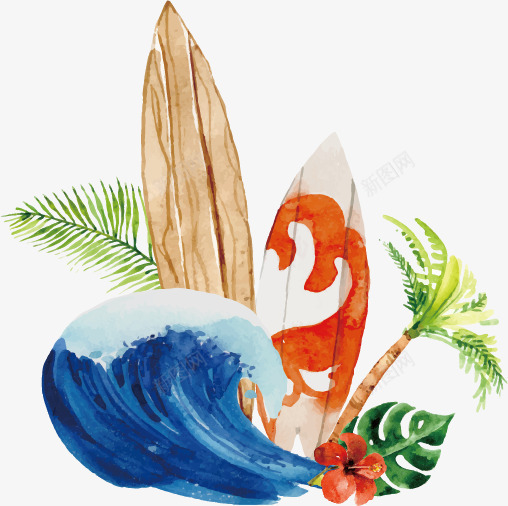 夏日冲浪矢量图ai免抠素材_新图网 https://ixintu.com 卡通 夏天 手绘 椰子树 浪花 矢量图