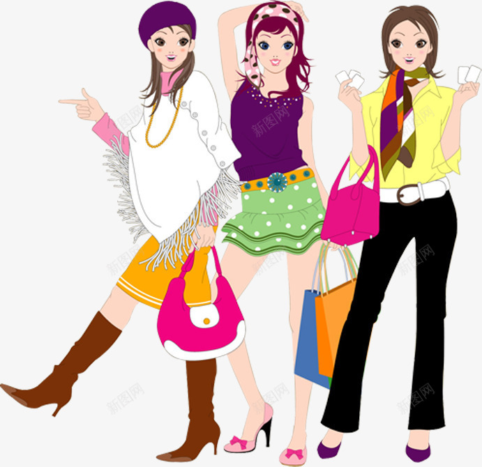 卡通人物购物的女孩们png免抠素材_新图网 https://ixintu.com 人物 卡通 女孩 购物