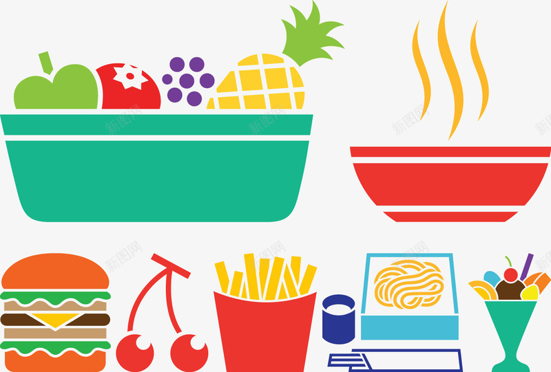 美味的食品矢量图ai免抠素材_新图网 https://ixintu.com 冷饮 方便面 水果篮 汉堡 热汤 薯条 矢量图