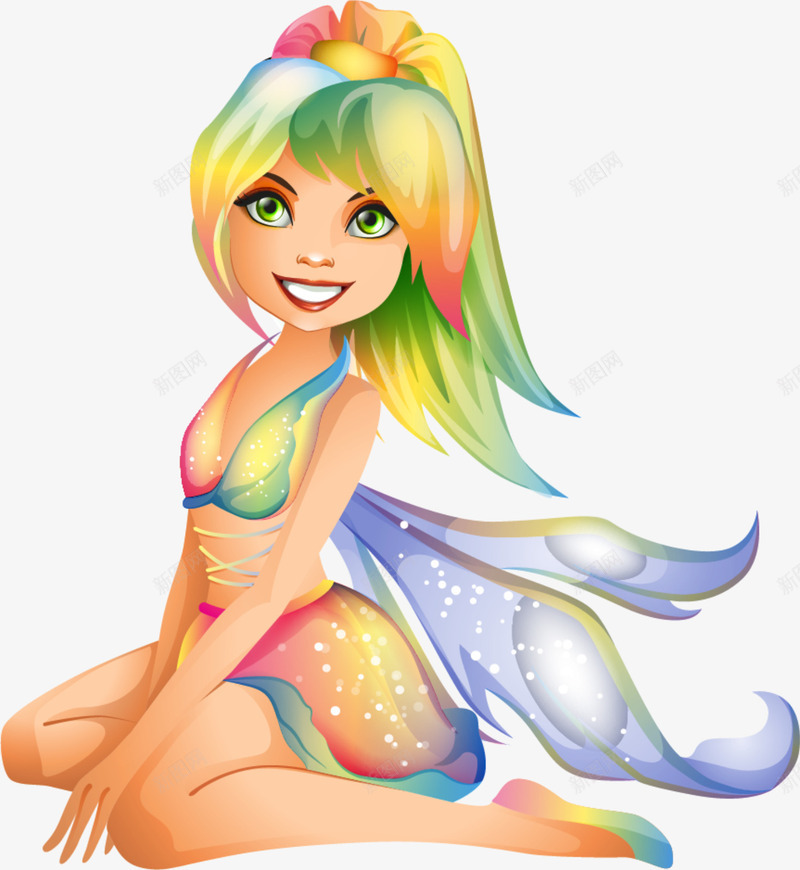 卡通人物美丽花仙子png免抠素材_新图网 https://ixintu.com 卡通人物 彩色头发 彩色裙子 梦幻翅膀 笑脸 美丽花仙子