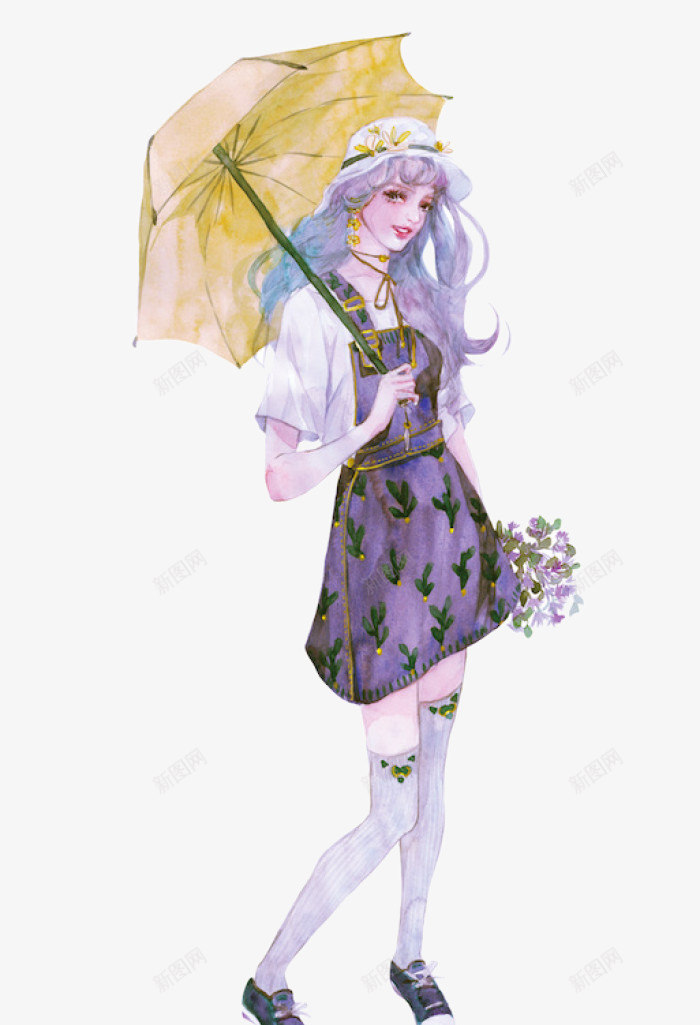 打伞的美女png免抠素材_新图网 https://ixintu.com 小碎花 手绘 紫色衣服 美女 雨伞
