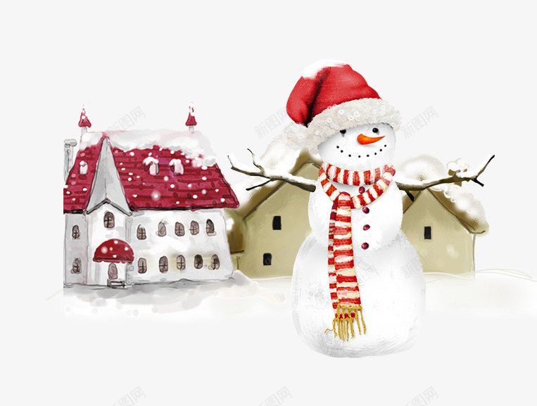 雪人和卡通房屋png免抠素材_新图网 https://ixintu.com 下雪 冬天 卡通 彩色 房屋 手绘 积雪 雪人