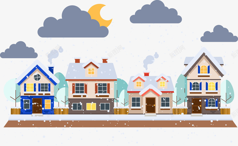 下雪的小村镇矢量图eps免抠素材_新图网 https://ixintu.com 小村镇 月亮 装饰 贺卡元素 雪花 矢量图