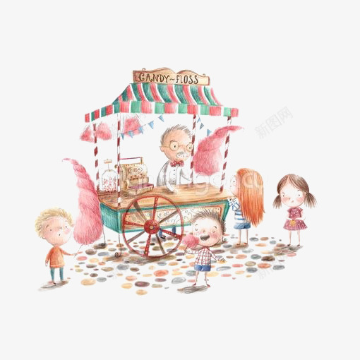 卖棉花糖png免抠素材_新图网 https://ixintu.com 儿童绘本 卡通 小孩 手绘 插画 棉花糖 温馨 老爷爷