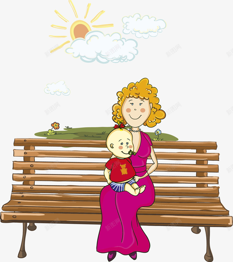 带小宝宝妈咪png免抠素材_新图网 https://ixintu.com 公园 小宝宝 长凳